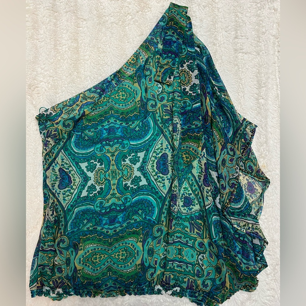 Cache Silk One-Shoulder Paisley Top in Blue and Green, Very good used condition